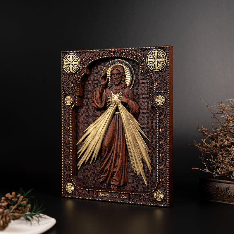 The Sacred Heart and Divine Mercy Jesus Christ Wood Wall Plaque