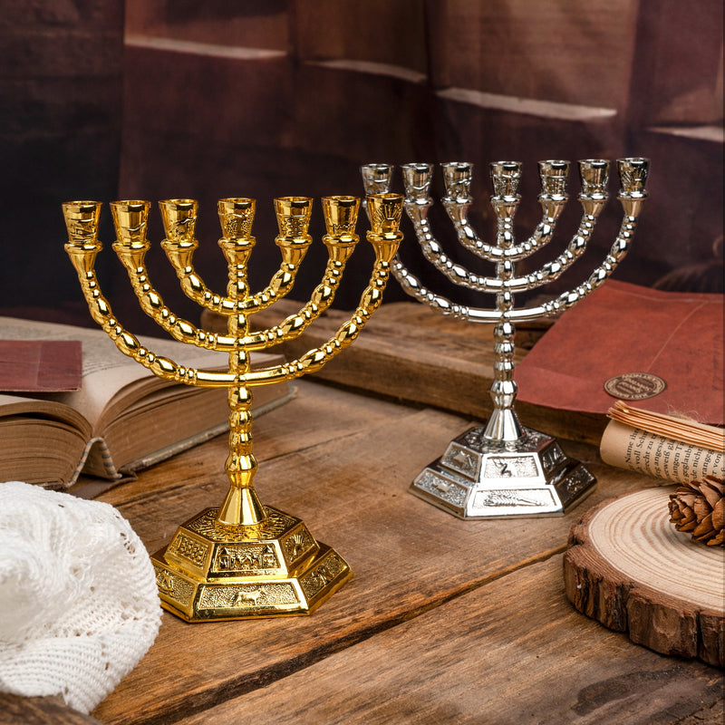 12 Tribes of Israel Menorah, Jerusalem Temple 7 Branch Jewish Candle Holder
