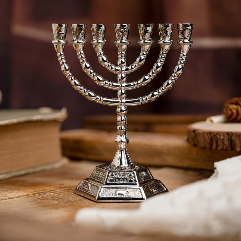 Golden Menorah 7 tak 12 stammen van Israël Jeruzalem Menora blauw emaille 4, 7 inch Golden Menorah 7 tak 12 stammen van Israël Jeruzalem Menora blauw emaille 4, 7 inch