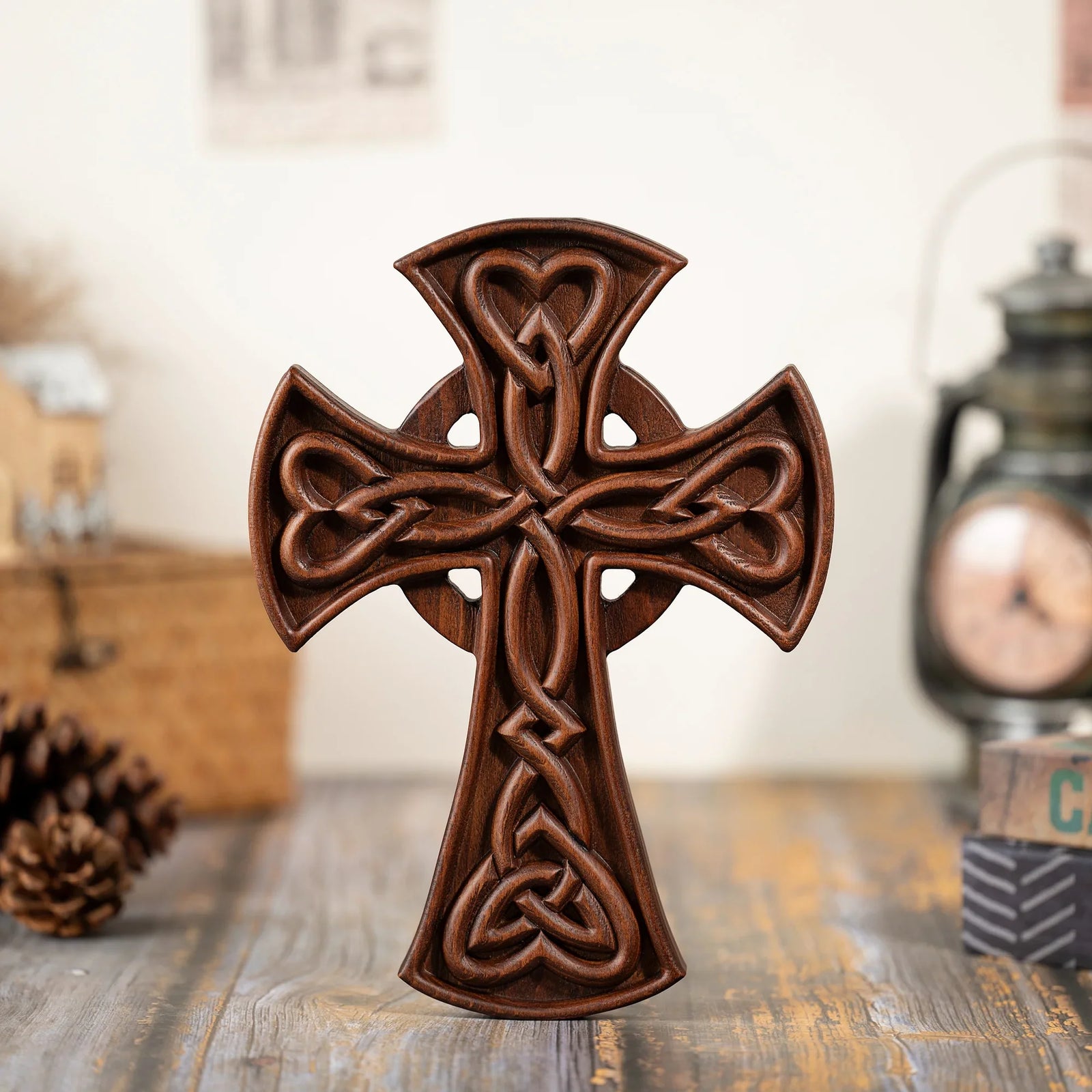 Celtic Love Cross Hand-Carved Wooden Wall Art: Faith, Unity, and