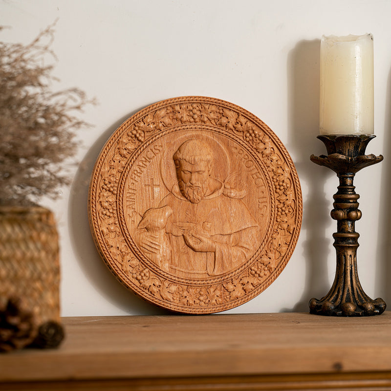 St. Francis of Assisi Patron Saint of Animals Religious Icon - Natural Wood Wall Decoration Hanging Souvenir