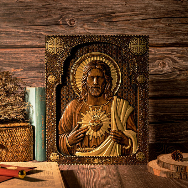 Our Lord Jesus Sacred Heart , Immaculate Heart of Mary Sacred Heart Wood Sculpture - For the FaithfulWood Carving