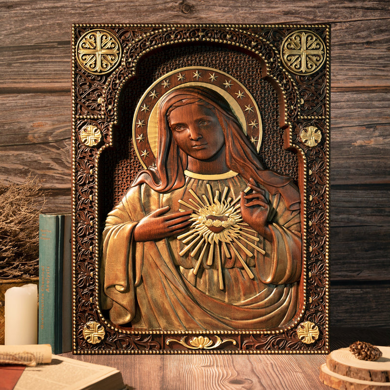 Our Lord Jesus Sacred Heart , Immaculate Heart of Mary Sacred Heart Wood Sculpture - For the FaithfulWood Carving