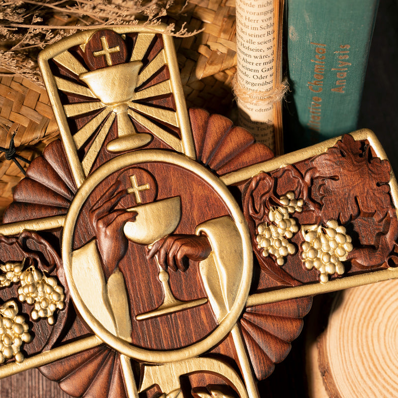 Holy Grail Wood Craving Cross-Handmade Religious Medal Gift