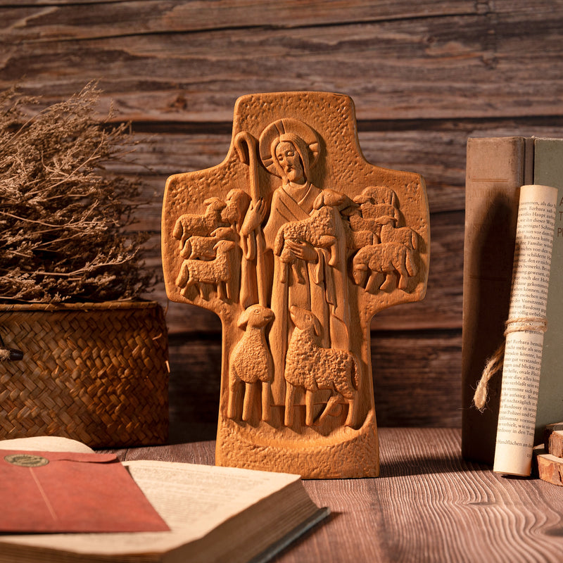 Good Shepherd Crucifix Wood Carving Religious Gift - Endless Care and Guidance