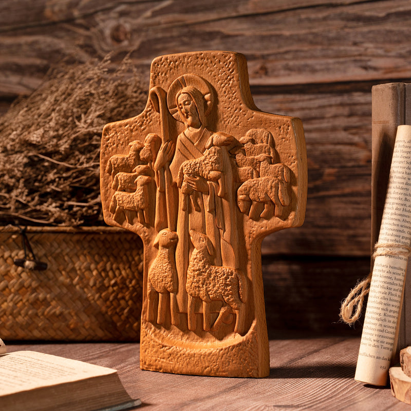 Good Shepherd Crucifix Wood Carving Religious Gift - Endless Care and Guidance