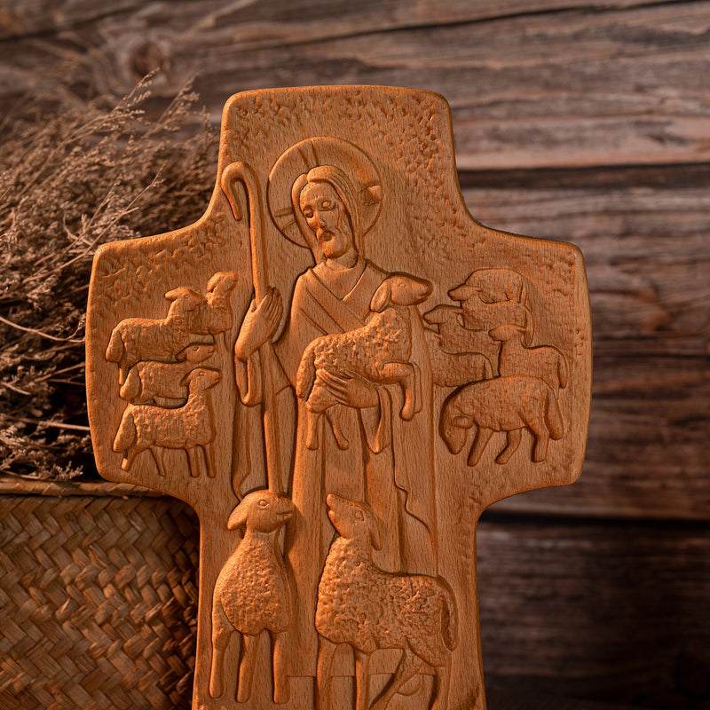 Good Shepherd Crucifix Wood Carving Religious Gift - Endless Care and Guidance