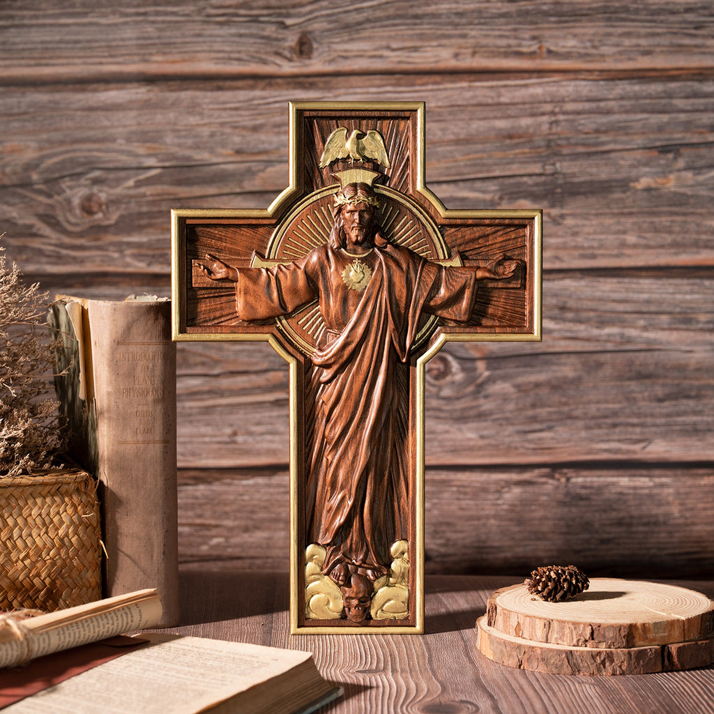 BGCOPPER Savior Jesus Cross - Carved from Natural Wood