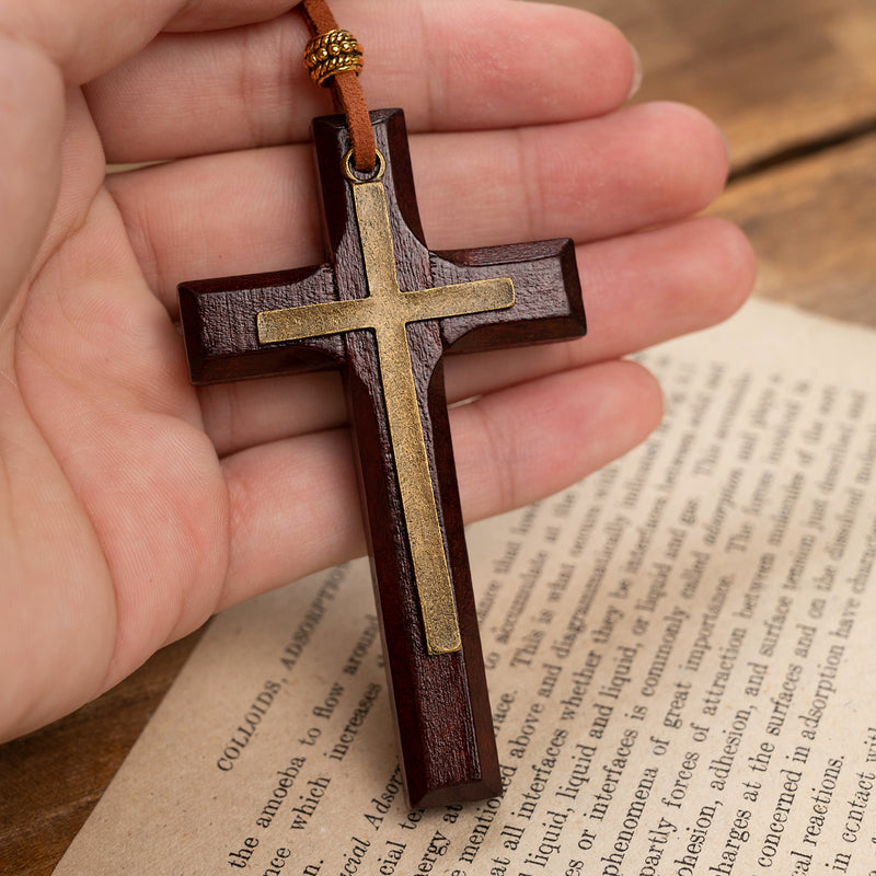 Vintage handmade double-layer alloy wood cross female male couple long pendant sweater chain cross car hanging