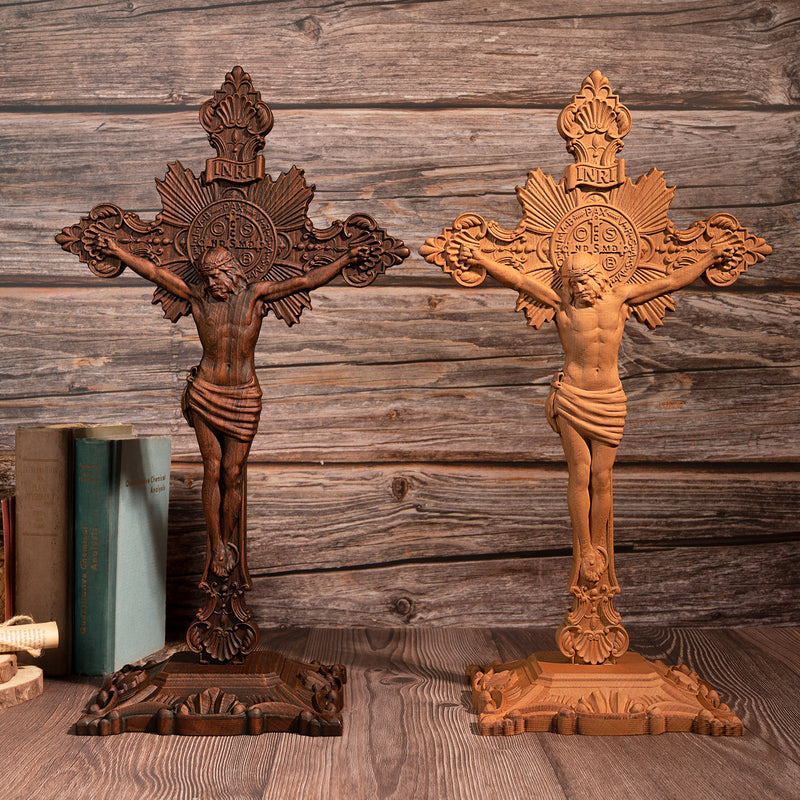 Wood carving of the Cross of the Order of Saint Benedict - with base