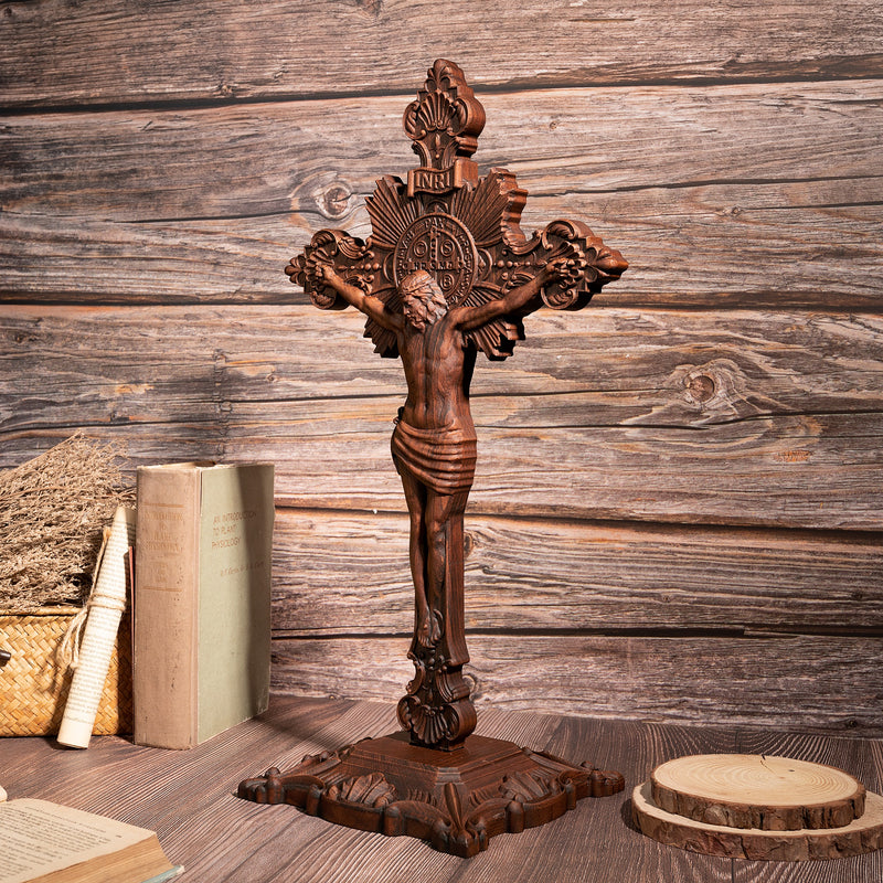 Wood carving of the Cross of the Order of Saint Benedict - with base