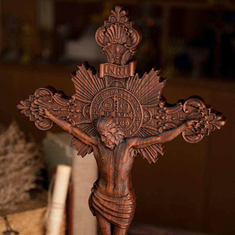 Wood carving of the Cross of the Order of Saint Benedict - with base