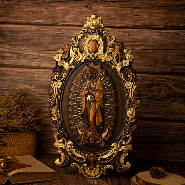 2023 New Religious gift with rich details of the wooden statue of Our Lady of Guadalupe