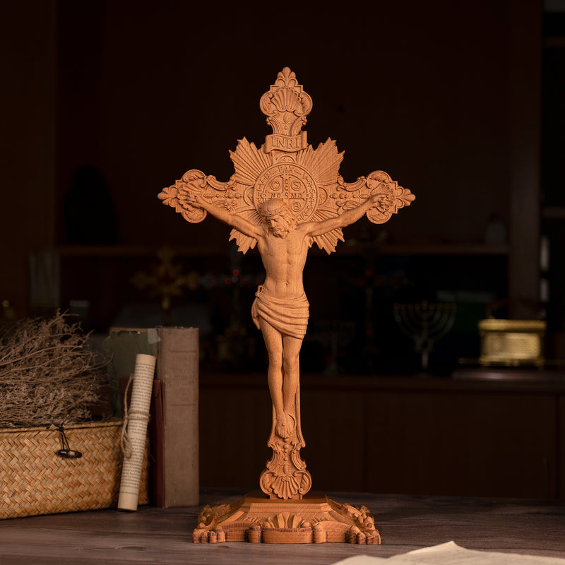 Wood carving of the Cross of the Order of Saint Benedict - with base