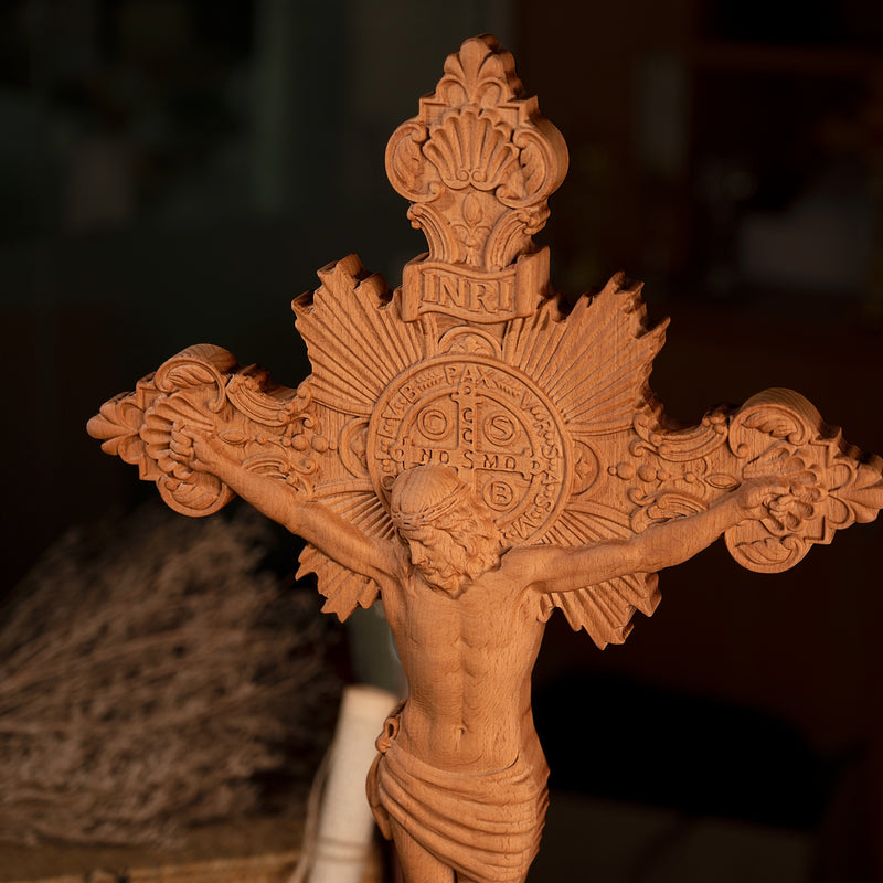 Wood carving of the Cross of the Order of Saint Benedict - with base