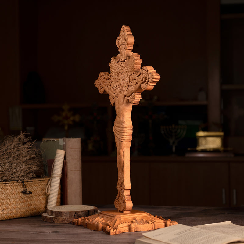 Wood carving of the Cross of the Order of Saint Benedict - with base