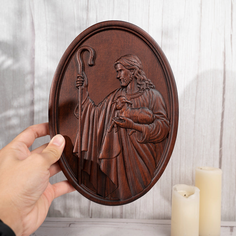 Jesus the Shepherd Wood Carving Wall Decor - Endless Care and Guidance