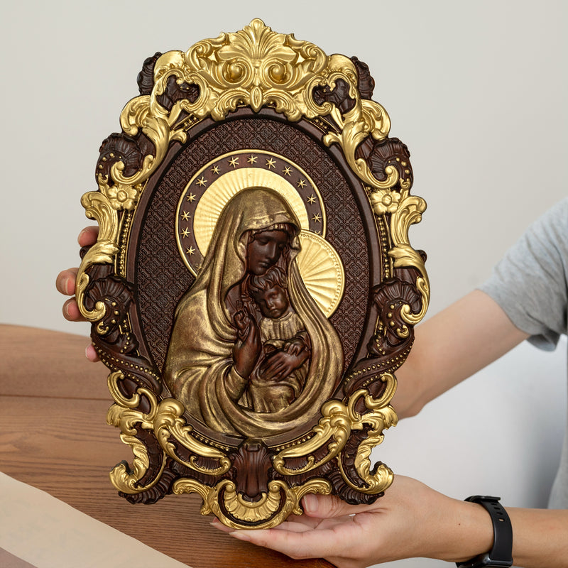 Mother Mary with Baby Jesus Wood Carving Decor