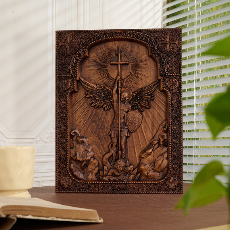 St. Michael the Archangel Wall Plaque, made of Olive Wood in the Holy