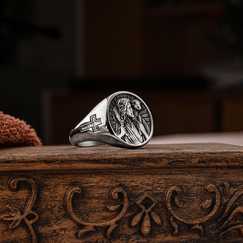 Titanium Steel Jesus Shepherd Ring - Jesus with Lamb