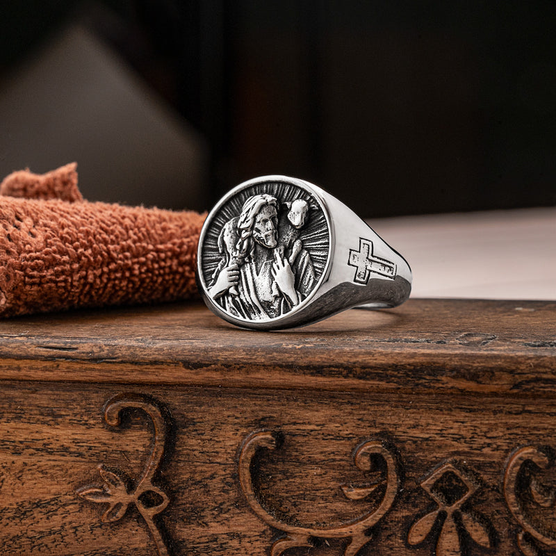 Titanium Steel Jesus Shepherd Ring - Jesus with Lamb