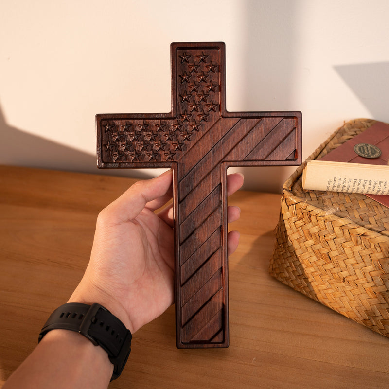 American Flag Cross - Carved in Natural Wood