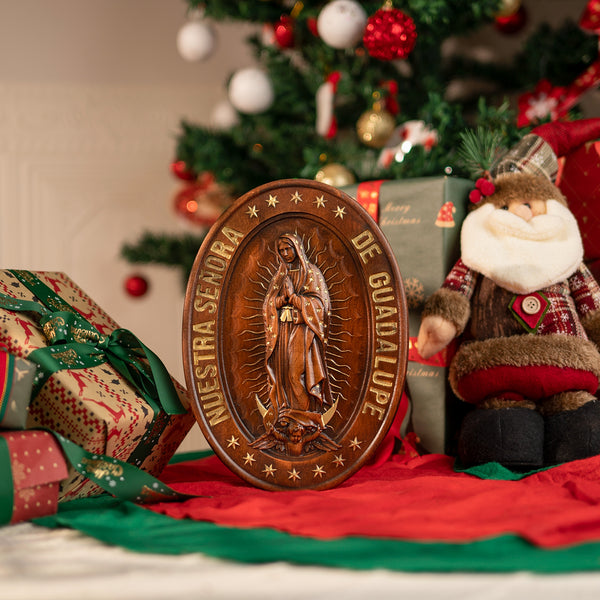 Retro Color Our Lady of Guadalupe Wood Carving -The patron saint of Mexico, America and unborn children