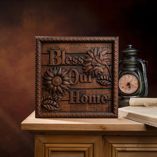 Bless Our Home Sunflower Solid Wood Engraved Plaque