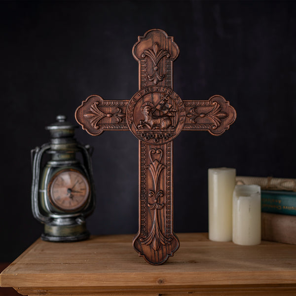 Bgcopper Lamb of God Wood Carving Cross Wall Decor - Paschal lamb