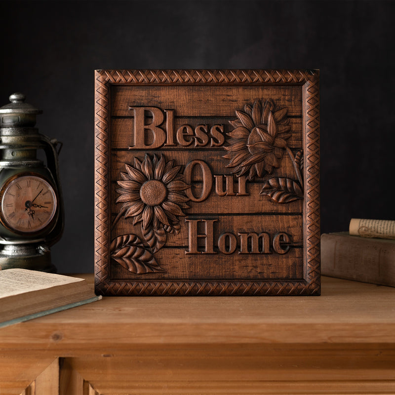 Bless Our Home Sunflower Solid Wood Engraved Plaque