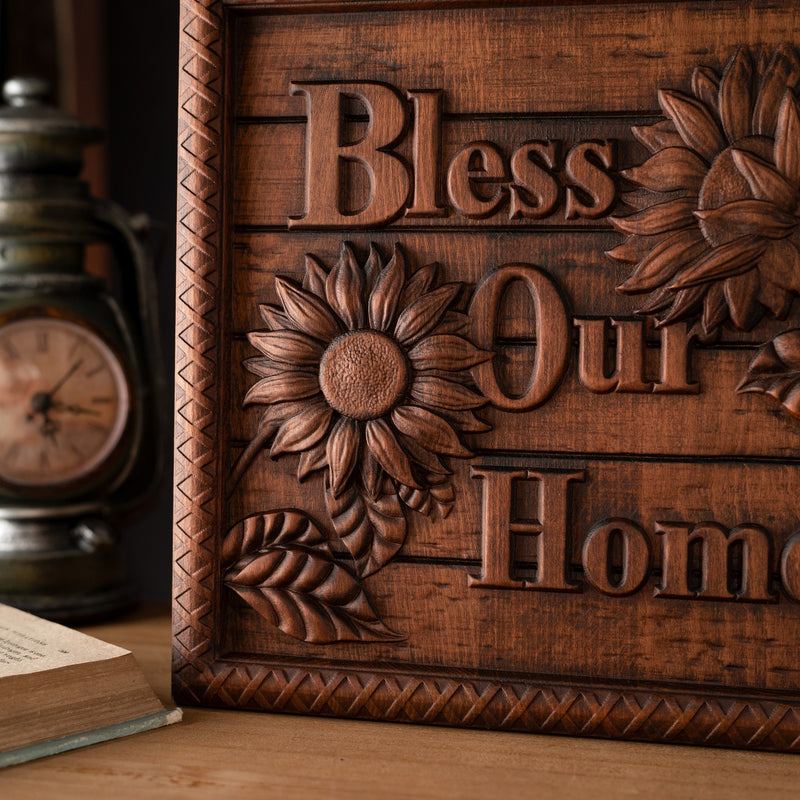 Bless Our Home Sunflower Solid Wood Engraved Plaque