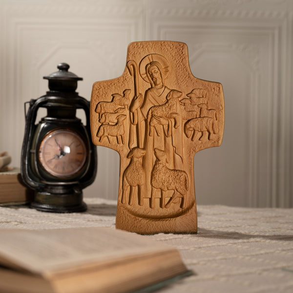 Good Shepherd Crucifix Wood Carving Religious Gift - Endless Care and Guidance