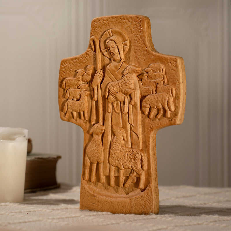 Good Shepherd Crucifix Wood Carving Religious Gift - Endless Care and Guidance