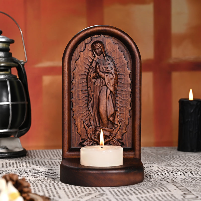 Guatalupe Wooden Candlestick Tabletop Prayer Ornament