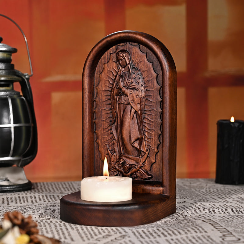 Guatalupe Wooden Candlestick Tabletop Prayer Ornament