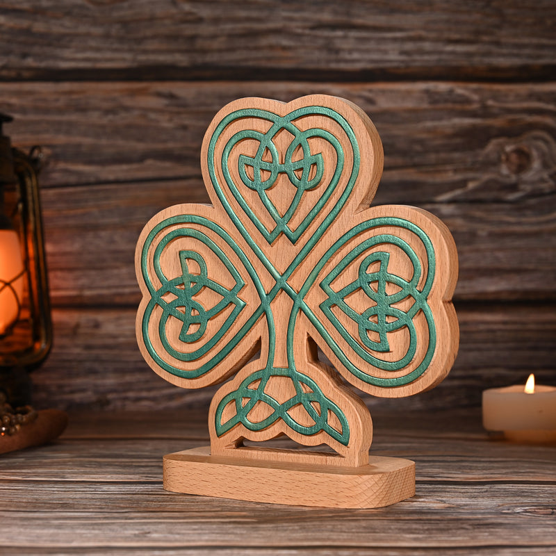 Celtic Knot Beechwood Clover Tabletop Ornament - Symbol of Christian Faith and Divine Blessings