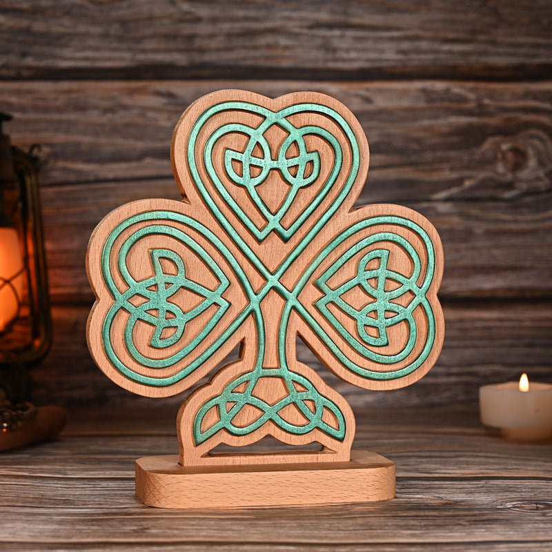 Celtic Knot Beechwood Clover Tabletop Ornament - Symbol of Christian Faith and Divine Blessings