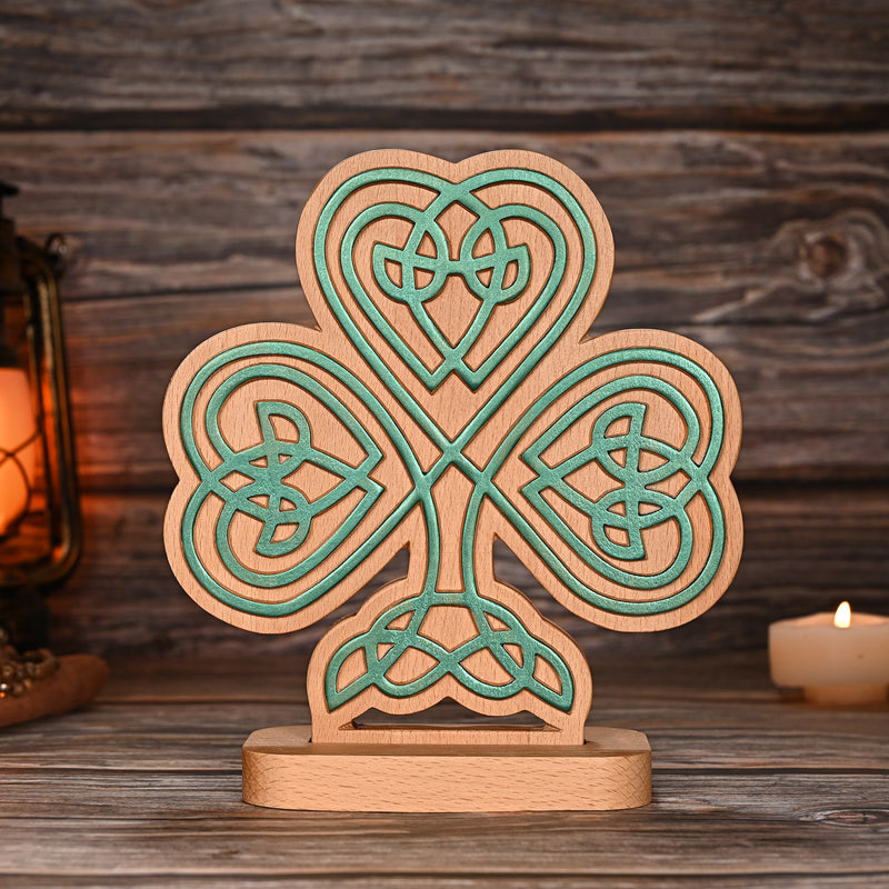 Celtic Knot Beechwood Clover Tabletop Ornament - Symbol of Christian Faith and Divine Blessings