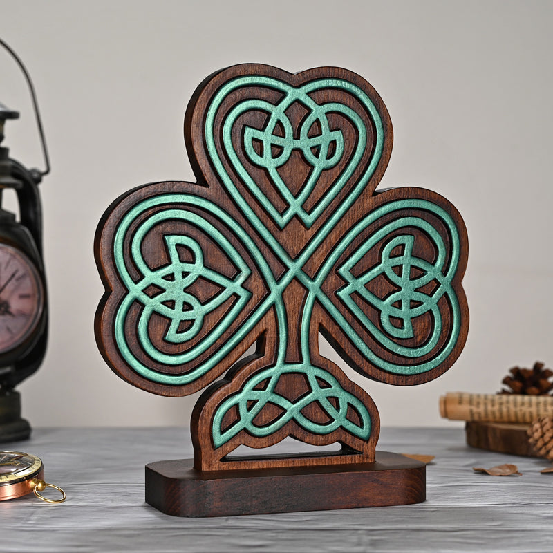 Celtic Knot Beechwood Clover Tabletop Ornament - Symbol of Christian Faith and Divine Blessings