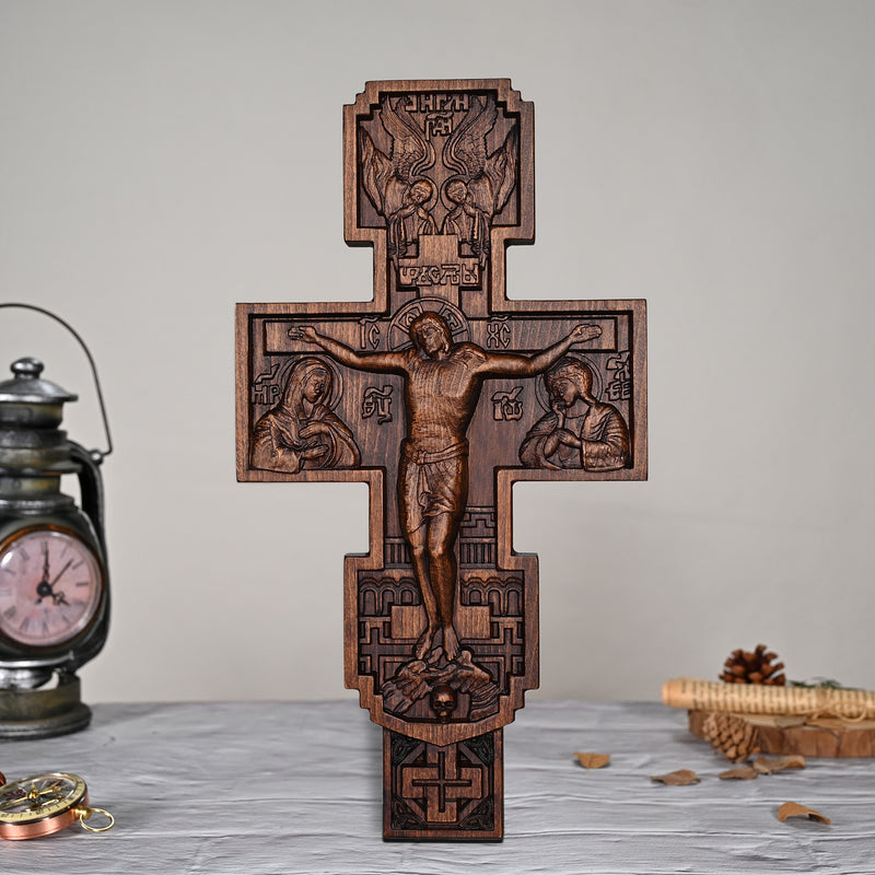 Eastern Orthodox Crucifixion Cross Wall Decor - Faith & Redemption Theme Wooden Carved Wall Hanging