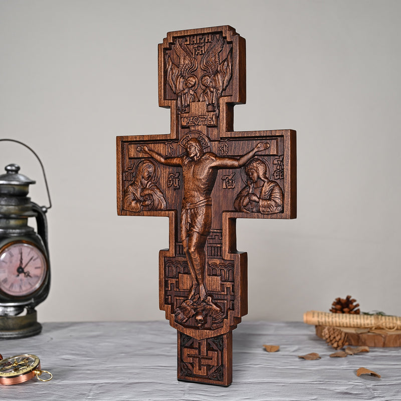 Eastern Orthodox Crucifixion Cross Wall Decor - Faith & Redemption Theme Wooden Carved Wall Hanging