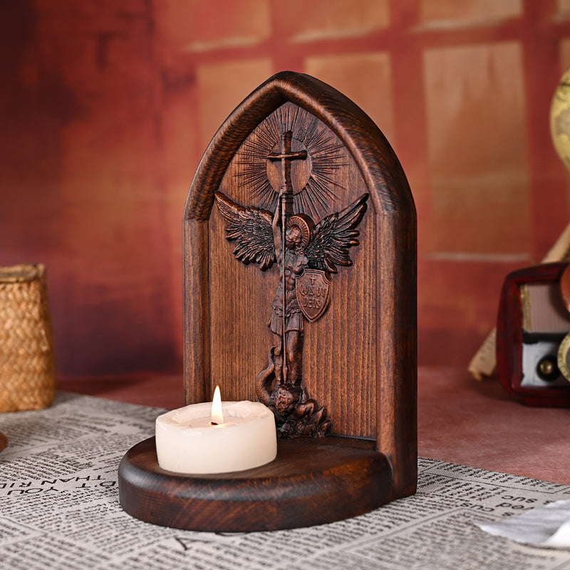 Archangel Michael Wooden Candlestick Tabletop Prayer Ornament