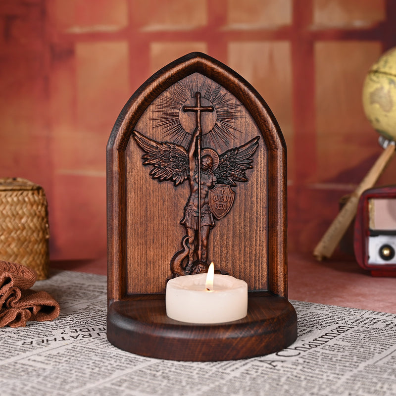 Archangel Michael Wooden Candlestick Tabletop Prayer Ornament