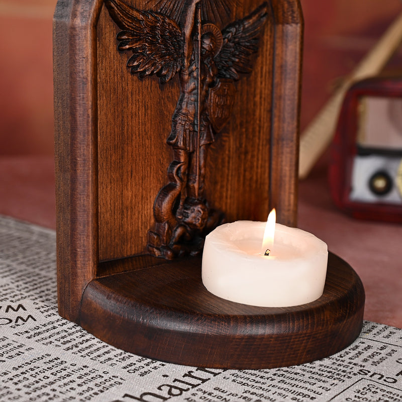 Archangel Michael Wooden Candlestick Tabletop Prayer Ornament