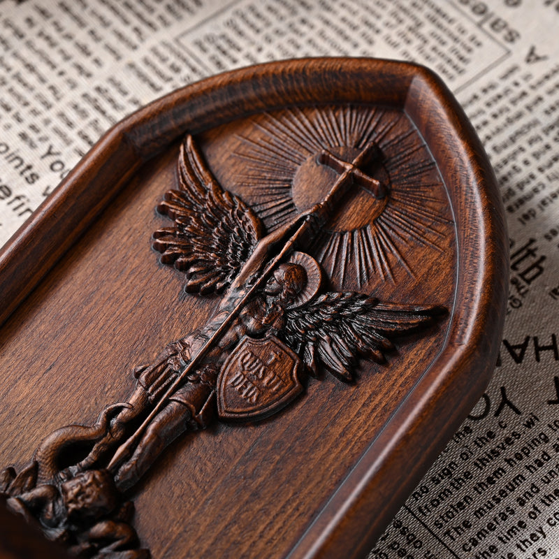 Archangel Michael Wooden Candlestick Tabletop Prayer Ornament