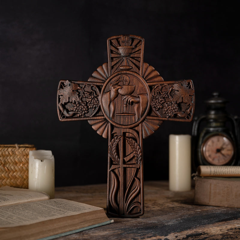 Holy Grail Wood Craving Cross-Handmade Religious Medal Gift