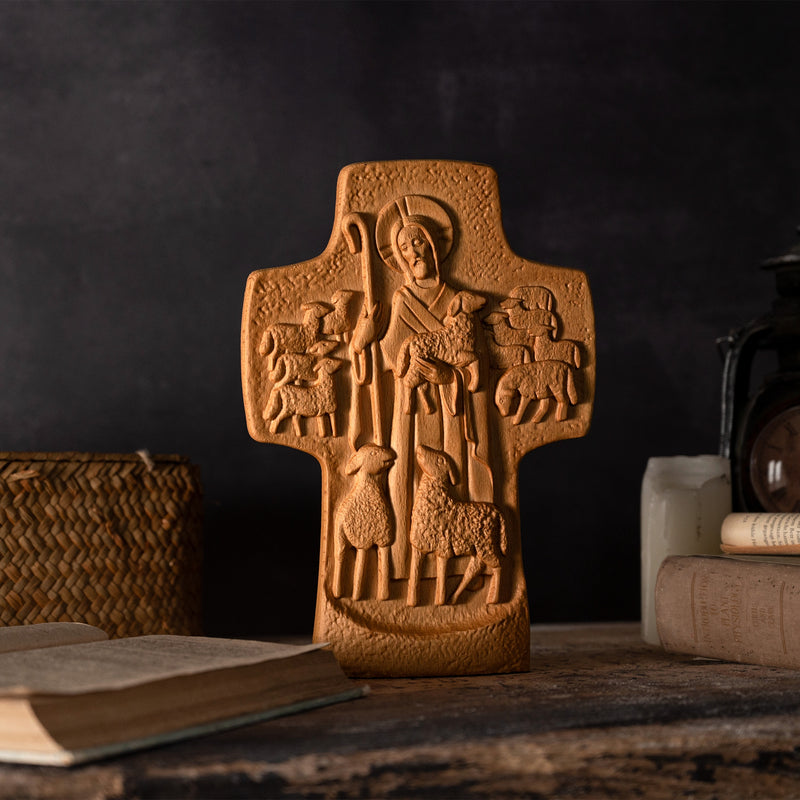 Good Shepherd Crucifix Wood Carving Religious Gift - Endless Care and Guidance