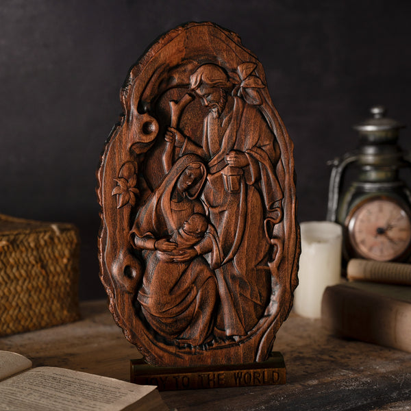 Natural Beechwood Nativity Scene Wooden Carved Plaque Tabletop Arrangement