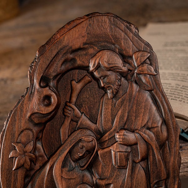 Natural Beechwood Nativity Scene Wooden Carved Plaque Tabletop Arrangement