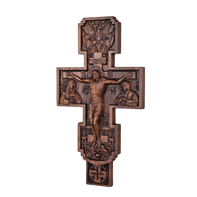 Eastern Orthodox Crucifixion Cross Wall Decor - Faith & Redemption Theme Wooden Carved Wall Hanging